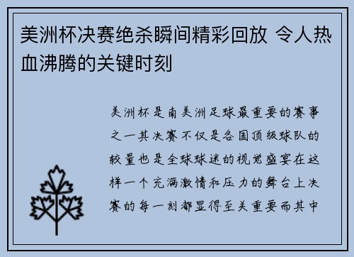 美洲杯决赛绝杀瞬间精彩回放 令人热血沸腾的关键时刻